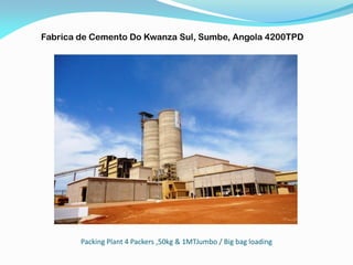 Packing Plant 4 Packers ,50kg & 1MTJumbo / Big bag loading
Fabrica de Cemento Do Kwanza Sul, Sumbe, Angola 4200TPD
 