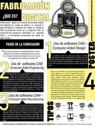 F
A
B
R
I
C
A
C
I
Ó
N
D
I
G
I
T
A
L
l
a
f
a
b
r
i
c
a
c
i
ó
nd
i
g
i
t
a
l
e
s
e
l
c
o
n
j
u
n
t
o
d
e
p
r
o
c
e
s
o
s
i
n
t
e
g
r
a
-
d
o
s
m
e
d
i
a
n
t
el
o
sc
u
a
l
e
ss
ee
l
a
b
o
r
au
np
r
o
d
u
c
t
oa
p
a
r
t
i
r
d
e
l
d
i
s
e
ñ
o
ym
o
d
e
l
a
d
od
e
l
o
b
j
e
t
oe
ns
o
f
t
w
a
r
e
s
C
A
D
,
e
l
a
n
á
l
i
s
i
s
d
e
l
m
i
s
m
oe
nu
np
r
o
g
r
a
m
aC
A
E
,
l
a
s
i
m
u
l
a
c
i
ó
n
d
e
l
p
r
o
c
e
s
o
d
ef
a
b
r
i
c
a
c
i
ó
ne
n p
a
q
u
e
t
e
s
C
A
M yl
am
a
n
u
f
a
c
t
u
r
ad
e
l
p
r
o
d
u
c
t
op
o
r
m
e
d
i
od
e
a
l
g
ú
n
e
q
u
i
p
o
.
a
l
g
ú
n
e
q
u
i
p
o
.
U
n
a
v
e
z
q
u
e
s
e
t
i
e
n
e
e
l
c
o
n
c
e
p
t
o
d
e
l
o
b
j
e
t
o
,
s
e
h
a
n
d
e
f
i
n
i
d
o
s
u
s
f
u
n
c
i
o
n
e
s
y
c
a
r
a
c
t
e
r
í
s
t
i
c
a
s
y
s
e
c
u
e
n
t
a
c
o
n
e
l
b
o
c
e
t
o
,
l
a
f
a
b
r
i
c
a
c
i
ó
n
d
i
g
i
t
a
l
s
e
i
n
i
c
i
a
c
o
n
e
l
u
s
o
d
e
p
r
o
g
r
a
m
a
s
c
o
n
f
u
n
c
i
o
n
e
s
c
o
n
c
r
e
t
a
s
¿
Q
U
E
E
S
?
“
’
’
P
A
S
O
S
D
E
L
A
F
A
B
R
I
C
A
C
I
O
N
3
A
R
E
A
S
U
s
o
d
e
s
o
f
t
w
a
r
e
s
C
A
D–
C
o
m
p
u
t
e
r
-
A
i
d
e
d
D
e
s
i
g
n
U
s
o
d
e
s
o
f
t
w
a
r
e
s
C
A
M–
C
o
m
p
u
t
e
r
-
A
i
d
e
d
M
a
n
u
f
a
c
t
u
r
i
n
g
U
s
o
d
es
o
f
t
w
a
r
e
s
C
A
E
C
o
m
p
u
t
e
r
-
A
i
d
e
d
E
n
g
i
n
e
e
r
i
n
g
1
2
L
o
ss
o
f
t
w
a
r
e
sC
A
Ds
o
nu
s
a
d
o
sp
a
r
ae
l
a
b
o
r
a
re
l
d
i
s
e
ñ
o
g
e
o
m
é
t
r
i
c
o
d
e
l
o
b
j
e
t
o
;
d
e
p
e
n
d
i
e
n
d
od
e
l
p
a
q
u
e
t
eq
u
ee
s
t
é
u
s
á
n
d
o
s
e
,
p
u
e
d
e
n
g
e
n
e
r
a
r
s
e
m
o
d
e
l
o
s
e
n
2
Do
e
n
3
D
.
U
n
a
v
e
z
q
u
e
s
e
h
a
c
r
e
a
d
o
e
l
m
o
d
e
l
o
s
e
p
u
e
d
e
m
o
d
i
f
i
c
a
r
ym
e
j
o
r
a
r
,
d
ea
h
í
q
u
e
s
e
a
m
u
y
ú
t
i
l
,
a
l
a
v
e
z
q
u
e
e
s
l
a
b
a
s
e
p
a
r
a
e
l
p
r
o
c
e
s
od
e
f
a
b
r
i
c
a
c
i
ó
n
d
i
g
i
t
a
l
.
L
o
s
s
o
f
t
w
a
r
e
s
C
A
E
s
e
u
s
a
np
o
s
t
e
r
i
o
r
m
e
n
t
eal
ao
b
t
e
n
c
i
ó
nd
e
l
m
o
d
e
l
oe
n
u
np
r
o
g
r
a
m
aC
A
Dys
ee
m
p
l
e
a
np
a
r
ae
l
a
n
á
l
i
s
i
s
d
e
l
a
p
i
e
z
a
a
l
s
i
m
u
l
a
r
l
a
b
a
j
o
c
i
e
r
t
a
s
c
o
n
d
i
c
i
o
n
e
s
q
u
e
s
o
n
e
s
t
a
b
l
e
c
i
d
a
s
e
n
e
l
p
r
o
g
r
a
m
a
;
l
o
s
p
a
r
á
m
e
t
r
o
s
m
á
s
u
s
a
d
o
s
e
n
l
a
s
s
i
m
u
l
a
c
i
o
n
e
s
s
o
n
l
a
f
u
e
r
z
a
s
a
p
l
i
c
a
d
a
s
,
l
a
t
e
m
p
e
r
a
t
u
r
a
,
l
ap
r
e
s
i
ó
n
y
l
a
i
n
t
e
r
a
c
c
i
ó
n
d
e
l
a
p
i
e
z
ac
o
no
t
r
a
s
.
C
o
nd
i
c
h
a
sc
o
n
d
i
c
i
o
n
e
ss
e
p
u
e
d
e
t
e
n
e
r
u
nc
o
n
o
c
i
m
i
e
n
t
op
r
e
v
i
oa
c
e
r
c
ad
e
l
c
o
m
p
o
r
t
a
m
i
e
n
t
o
y
p
u
e
d
e
t
e
n
e
r
u
nc
o
n
o
c
i
m
i
e
n
t
op
r
e
v
i
oa
c
e
r
c
ad
e
l
c
o
m
p
o
r
t
a
m
i
e
n
t
o
y
d
e
s
e
m
p
e
ñ
o
d
e
l
a
p
i
e
z
a
y
,
a
p
a
r
t
i
r
d
e
e
l
l
o
,
s
e
p
u
e
d
e
n
s
a
c
a
r
c
o
n
c
l
u
s
i
o
n
e
s
a
c
e
r
c
a
d
e
m
o
d
i
f
i
c
a
r
l
a
o
n
o
y
p
o
s
t
e
r
i
o
r
m
e
n
t
e
p
a
s
a
r
al
ae
t
a
p
ad
e
s
i
m
u
l
a
c
i
ó
n
d
e
f
a
b
r
i
c
a
c
i
ó
n
.
E
s
t
ep
u
n
t
oc
o
n
t
e
m
p
l
ae
l
u
s
o
d
e
l
a
s
t
e
c
n
o
l
o
g
í
a
s
d
e
f
a
b
r
i
-
c
a
c
i
ó
nd
i
g
i
t
a
l
q
u
ee
ns
í
s
o
nl
o
se
q
u
i
p
o
s
c
o
n
l
o
q
u
e
s
e
p
u
e
d
e
n
e
l
a
b
o
r
a
r
l
a
s
p
i
e
z
a
s
t
a
l
e
sc
o
m
ol
a
sm
á
q
u
i
n
a
sd
e
c
o
n
t
r
o
ln
u
m
é
r
i
c
o C
N
C-
t
o
r
n
o
s
,f
r
e
s
a
d
o
r
a
s
,r
o
u
t
e
r
s
-
,
c
o
r
t
a
d
o
r
a
s
l
á
s
e
r
,
i
m
p
r
e
s
o
r
a
s
3
Dy
r
o
b
o
t
s
.
E
n
l
o
s
s
o
f
t
w
a
r
e
s
C
A
Ms
e
o
b
t
i
e
n
e
n
l
o
s
a
r
c
h
i
v
o
s
c
o
nl
a
si
n
s
t
r
u
c
c
i
o
n
e
sq
u
e
i
n
t
e
r
p
r
e
t
a
r
á
n
l
o
s
e
q
u
i
p
o
s
p
a
r
a
l
a
f
a
b
r
i
c
a
c
i
ó
n
d
e
l
a
p
i
e
z
a
,
i
n
t
e
r
p
r
e
t
a
r
á
n
l
o
s
e
q
u
i
p
o
s
p
a
r
a
l
a
f
a
b
r
i
c
a
c
i
ó
n
d
e
l
a
p
i
e
z
a
,
l
o
s
c
u
a
l
e
s
s
o
n
l
l
a
m
a
d
o
s
“
C
ó
d
i
g
o
G
”
,
l
o
s
c
u
a
l
e
s
s
o
n
g
e
n
e
r
a
d
o
s
p
a
r
a
s
e
r
i
n
t
e
r
p
r
e
t
a
d
o
s
p
o
r
l
a
s
m
á
q
u
i
n
a
s
C
N
C
.
P
o
r
o
t
r
o
l
a
d
o
,
l
o
s
e
q
u
i
p
o
s
d
e
c
o
r
t
e
l
á
s
e
r
c
u
e
n
t
a
n
c
o
n
s
u
s
o
f
t
w
a
r
e
q
u
e
f
u
n
g
e
c
o
m
o
i
n
t
e
r
m
e
d
i
a
r
i
o
p
a
r
a
i
n
t
e
r
p
r
e
t
a
r
l
o
s
d
i
s
e
ñ
o
s
v
e
c
t
o
r
i
z
a
d
o
s
e
l
a
b
o
r
a
d
o
s
e
n
e
l
s
o
f
t
w
a
r
e
C
A
De
i
g
u
a
l
m
e
n
t
el
a
si
m
p
r
e
s
o
r
a
s3
Dt
a
m
b
i
é
n
c
u
e
n
t
a
n
c
o
n
s
u
s
p
r
o
p
i
o
s
s
o
f
t
w
a
r
e
s
y
é
s
t
o
s
p
e
r
m
i
t
e
ni
m
p
o
r
t
a
r
d
i
r
e
c
t
a
m
e
n
t
e
p
r
o
p
i
o
s
s
o
f
t
w
a
r
e
s
y
é
s
t
o
s
p
e
r
m
i
t
e
ni
m
p
o
r
t
a
r
d
i
r
e
c
t
a
m
e
n
t
e
e
l
m
o
d
e
l
ot
r
i
d
i
m
e
n
s
i
o
n
a
l
g
e
n
e
r
a
d
oe
ne
l
s
o
f
t
w
a
r
eC
A
D
.
E
s
t
o
s
s
o
f
t
w
a
r
e
s
s
e
u
s
a
n
p
a
r
a
l
a
s
i
m
u
l
a
c
i
ó
n
d
e
l
m
a
q
u
i
n
a
d
o
o
e
l
a
b
o
r
a
c
i
ó
n
d
e
u
n
a
p
i
e
z
a
a
p
a
r
t
i
r
d
e
l
a
s
e
l
e
c
c
i
ó
n
y
d
i
m
e
-
n
s
i
o
n
e
s
d
e
l
m
a
t
e
r
i
a
l
,
s
e
l
e
c
c
i
ó
n
d
e
h
e
r
r
a
m
i
e
n
t
a
s
d
e
m
a
q
u
i
-
n
a
d
o
,
v
e
l
o
c
i
d
a
d
d
e
p
r
o
c
e
s
o
s
y
r
e
s
t
r
i
c
c
i
o
n
e
s
d
ef
a
b
r
i
c
a
c
i
ó
n
.
A
l
g
u
n
o
s
s
o
f
t
w
a
r
e
s
n
o
s
ó
l
o
s
el
i
m
i
t
a
n
al
oa
n
t
e
r
i
o
r
,
s
i
n
oq
u
et
a
m
b
i
é
ns
i
r
v
e
n
p
a
r
a
l
a
a
s
i
s
t
e
n
c
i
a
d
el
a
sl
í
n
e
a
sd
ep
r
o
d
u
c
c
i
ó
nye
n
s
a
m
b
l
a
j
ep
a
r
a
t
e
n
e
r
u
n
p
r
o
c
e
s
o
m
á
s
ó
p
t
i
m
o
.
E
s
t
ae
sl
aú
l
t
i
m
ap
a
r
t
ea
n
t
e
sd
el
a
t
e
n
e
r
u
n
p
r
o
c
e
s
o
m
á
s
ó
p
t
i
m
o
.
E
s
t
ae
sl
aú
l
t
i
m
ap
a
r
t
ea
n
t
e
sd
el
a
f
a
b
r
i
c
a
c
i
ó
n
f
í
s
i
c
a
d
e
l
a
p
i
e
z
a
y
l
a
p
e
n
ú
l
t
i
m
a
d
e
l
p
r
o
c
e
s
o
d
e
f
a
b
r
i
c
a
c
i
ó
n
d
i
g
i
t
a
l
.
3
T
I
P
O
S
F
U
E
N
T
E
S
P
A
R
A
L
A
E
L
A
B
O
R
A
C
I
O
N
D
E
L
T
R
A
B
A
J
O-
A
S
I
G
N
A
T
U
R
A
S
E
M
I
O
T
I
C
A
3 h
t
t
p
s
:
/
/
b
l
o
g
.
3
3
0
o
h
m
s
.
c
o
m
/
2
0
1
7
/
0
1
/
1
7
/
q
u
e
-
e
s
-
l
a
-
f
a
b
r
i
c
a
c
i
o
n
-
d
i
g
i
t
a
l
/
4
P
O
S
T
E
R
-
-
-
-
-
-
-
-
-
-
-
-
-
 