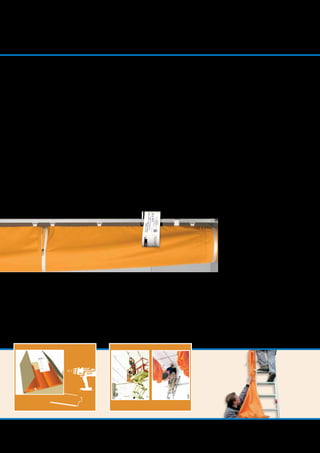 16
FEW TOOLS
Detailed instructions for installing the
systems are given in the instructions
manual supplied. Only a few tools are
needed.
The duct sections are zipped together.
The zipper is hidden behind a sewn
fabric flap.
FAST INSTALLATION
The suspension system is installed
from a ladder or lift. No matter if a
rail or cable solution is chosen, the
installation is quick and simple.
The info label found on each duct
section shows where the section
must be placed in the duct system.
Installation
ducts. They are pulled in place on the
suspension system. After this is done, the
air system can be turned on.
How about the balancing of the
system, which is necessary with conven-
tional systems? Not necessary. A fabric
system is ready immediately and does not
require balancing. Hang up the ducts and
turn on the system – then the installation
is complete.
Practical Advantages Make
the Installation Fast
A fabric system is quickly installed. You
can do it from a ladder or lift. The fabric
systems are custom-made and fit the
suspension system. Shortening, welding
etc. is unnecessary so no extra equipment
is required to cut or adjust the systems.
Each duct section is zipped together
with the next section to form complete
LOW WEIGHT
A FabricAir®
fabric system does not put
a strain on ceilings or roof constructions
because we always use low-weight
fabrics. In spite of the weight, the
fabrics are very strong and durable.
 
