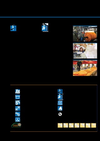 19
FabFlow MicroFlow PerfoFlow SonicFlow OriFlow NozzFlow JetFlow
Permeable Fabric
The permeable fabrics allow some of the
air to pass through the surface of the
fabric. This is an efficient way of preven-
ting condensation. Permeable fabrics
can be used for more or less all types of
projects – but must always be used in the
food industry or other industries in which
condensation and hygiene are parameters.
Non-permeable Fabric
In non-permeable (airtight) fabrics, the air
is distributed solely through the flowmodel,
which the duct is equipped with. These
ducts are typically made out of coated
materials.
Fabrics
SYMBOLS USED FOR FABRIC PROPERTIES
Warranty. A high-quality product with a 10 year
warranty. Some fabrics have 10, 5 or 1 year warranty
programs. The warranty does not change during this
period.
Washable. The fabric can be washed in a washing
machine, thereby maintaining a good and high level of
hygiene.
Low permeability tolerance. Low tolerance ensures
the technical performance.
Dimensionally stable. Shrinkage less than 0.5%,
ensuring that the fabric keeps its shape when washing
and that the ducts fit the suspension system.
All-in-One. Optimal type of mounting, which keeps
the duct round – even without air. The solution
furthermore reduces unwanted wear during system
start-up.
Antistatic. The material does not conduct static
electricity.
Oeko-Tex certified. The certification approves the
fabric according to the Oeko-Tex 100 standard as
being free of substances, which are harmful for
people and the environment.
Permeable fabric
Non-permeable fabric
Antimicrobial treatment. Repels and
kills bacteria and effectively prevents
microorganisms from growing.
Fire retardant. Approved according to
several fire standards – see data at each
fabric.
UL classified product according to the UL
723 standard and UL 2518.
ULC classified product.
FabricAir®
produced more than
1,000,000 meter (3,000,000 ft) of
fabric-based ducts in 2013.
 