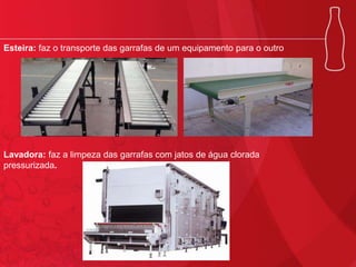 Esteira: faz o transporte das garrafas de um equipamento para o outro

Lavadora: faz a limpeza das garrafas com jatos de água clorada
pressurizada.

 