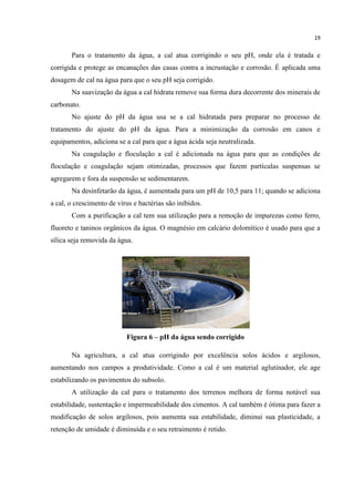 19
Para o tratamento da água, a cal atua corrigindo o seu pH, onde ela é tratada e
corrigida e protege as encanações das casas contra a incrustação e corrosão. É aplicada uma
dosagem de cal na água para que o seu pH seja corrigido.
Na suavização da água a cal hidrata remove sua forma dura decorrente dos minerais de
carbonato.
No ajuste do pH da água usa se a cal hidratada para preparar no processo de
tratamento do ajuste do pH da água. Para a minimização da corrosão em canos e
equipamentos, adiciona se a cal para que a água ácida seja neutralizada.
Na coagulação e floculação a cal é adicionada na água para que as condições de
floculação e coagulação sejam otimizadas, processos que fazem partículas suspensas se
agregarem e fora da suspensão se sedimentarem.
Na desinfetarão da água, é aumentada para um pH de 10,5 para 11; quando se adiciona
a cal, o crescimento de vírus e bactérias são inibidos.
Com a purificação a cal tem sua utilização para a remoção de impurezas como ferro,
fluoreto e taninos orgânicos da água. O magnésio em calcário dolomítico é usado para que a
sílica seja removida da água.
Figura 6 – pH da água sendo corrigido
Na agricultura, a cal atua corrigindo por excelência solos ácidos e argilosos,
aumentando nos campos a produtividade. Como a cal é um material aglutinador, ele age
estabilizando os pavimentos do subsolo.
A utilização da cal para o tratamento dos terrenos melhora de forma notável sua
estabilidade, sustentação e impermeabilidade dos cimentos. A cal também é ótima para fazer a
modificação de solos argilosos, pois aumenta sua estabilidade, diminui sua plasticidade, a
retenção de umidade é diminuída e o seu retraimento é retido.
 