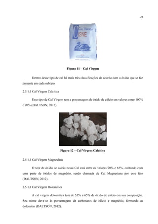 22
Figura 11 – Cal Virgem
Dentro desse tipo de cal há mais três classificações de acordo com o óxido que se faz
presente em cada subtipo.
2.5.1.1 Cal Virgem Calcítica
Esse tipo de Cal Virgem tem a porcentagem de óxido de cálcio em valores entre 100%
e 90% (DALTSON, 2012).
Figura 12 – Cal Virgem Calcítica
2.5.1.1 Cal Virgem Magnesiana
O teor de óxido de cálcio nessa Cal está entre os valores 90% e 65%, contando com
uma parte de óxidos de magnésio, sendo chamada de Cal Magnesiana por esse fato
(DALTSON, 2012).
2.5.1.1 Cal Virgem Dolomítica
A cal virgem dolomítica tem de 55% a 65% de óxido de cálcio em sua composição.
Seu nome deve-se às porcentagens de carbonatos de cálcio e magnésio, formando as
dolomitas (DALTSON, 2012).
 