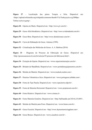Figura 27 – Localização dos países Turquia e Síria. Disponível em:
<https://upload.wikimedia.org/wikipedia/commons/thumb/3/3c/Turkeysyria.svg/2000px-
Turkey-syria.svg.png>.
Figura 28 – Gipsita em Marte. Disponível em: <http://www.g1.com.br>.
Figura 29 – Gesso Alfa Ortodôntico. Disponível em: <http://www.evidentdental.com.br>.
Figura 30 – Gesso Beta. Disponível em: <http://www.dentalcremer.com.br>.
Figura 31 – Curva de Hidratação do Gesso. Antunes (1999).
Figura 32 – Cristalização das Moléculas do Gesso. A. A. Barbosa (2014)
Figura 33 – Diagrama do Processo de Fabricação do Gesso. Disponível em:
<http://gessocasacascavel.com.br/noticias/93-processo-de-fabricacao.html>.
Figura 34 – Extração da Gipsita. Disponível em: <www.siqueiramineração.com.br>.
Figura 35 – Britador de Mandíbula. Disponível em: <www.portaldosequipamentos.com.br>.
Figura 36 – Moinho de Martelo. Disponível em: <www.tracked-crusher.com>.
Figura 37 – Peneiras Vibratórias a Seco. Disponível em: <www.portuguese.alibaba.com>.
Figura 38 – Forno do Tipo Panela. Disponível em: <www.repositorio.ufpe.br>.
Figura 39 – Forno de Marmita Horizontal. Disponível em: <www.projetecnet.com.br>.
Figura 40 – Forno Rotativo. Disponível em: <www.cimma.it>.
Figura 41 – Forno Marmita Giratório. Disponível em: <http://hdl.handle.net/10316.2/31495>.
Figura 42 – Moinho de Martelo para Finos. Disponível em: <www.bruno.com.br>.
Figura 43 – Gesso Escaiola. Disponível em: <http://www.drymortarmixingplant.com>.
Figura 44 – Gesso Branco. Disponível em: <www.casashow.com.br>.
 