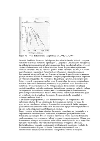 Figura 5.5 – Vida da Ferramenta (adaptado de KALPAKJIAN,2001)

O estudo da vida da ferramenta é vital para a determinação da velocidade de corte para
minimizar o custo ou maximizar a produção. O Desgaste de Cratera ocorre na superfície
de saída da ferramenta, como ele altera a geometria dessa superfície ele afeta o processo
de corte. Os fatores que mais influenciam neste tipo de desgaste são temperatura na
interface ferramenta peça e a afinidade química entre a ferramenta e a peça, e os fatores
que influenciam o desgaste do flanco também influenciam o desgaste em cratera.
Lascamento é o termo utilizado para descrever a fratura e desprendimento de pequenos
pedaços da aresta de corte da ferramenta. Estes pedaços podem ser pequenos, ou podem
ser relativamente grandes. Ao contrário do desgaste que é gradual, o lascamento com
fratura ocorre de repente provocando a perda de material da ferramenta, resultando em
alteração da forma da ferramenta, provocando na peça usinada perda de qualidade da
superfície e precisão dimensional. As principais causas do lascamento são choque
mecânico devido ao corte não contínuo ou fadiga térmica causada por variações cíclicas
da temperatura. O lascamento também pode ocorrer em regiões da ferramenta onde
preexistem pequenas trincas ou defeitos. O lascamento ou fratura em ferramentas pode
ser evitado através da seleção de ferramentas de materiais de alta tenacidade e
resistentes a choque térmico.
Além dos fatores já apontados, a vida da ferramenta pode ser comprometida por
deformação plástica devido a diminuição da resistência do material por causa do
aquecimento e também na usinagem de materiais com camadas de óxidos o desgaste
pode ser bastante acentuado, nestes casos deve-se usinar a peça com uma profundidade
de corte suficiente para arrancar toda camada oxidada.
Com a crescente utilização de máquinas ferramentas controladas por computador, e a
implementação da automação da manufatura, é importante que a performance das
ferramentas de usinagem deva ser confiável e repetitiva. Muitas máquinas ferramenta
modernas operam com pouca supervisão do operador, conseqüentemente a falha de uma
ferramenta de usinagem pode acarretar sérios efeitos na qualidade das peças produzidas,
bem como na eficiência e na viabilidade econômica da operação de fabricação.
Em função disso, é essencial continuamente e indiretamente monitorar a condição da
ferramenta quanto ao desgaste ou fratura. Em muitas máquinas modernas, o
monitoramento da condição da ferramenta é integrado ao controle da máquina.
 