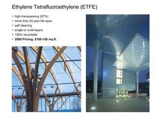 Ethylene T etrafluoroethylene  (ETFE)  high transparency (97%) more than 25 year life span self cleaning single or multi-layers 100% recyclable 2009 Pricing: $100-150 /sq.ft. 