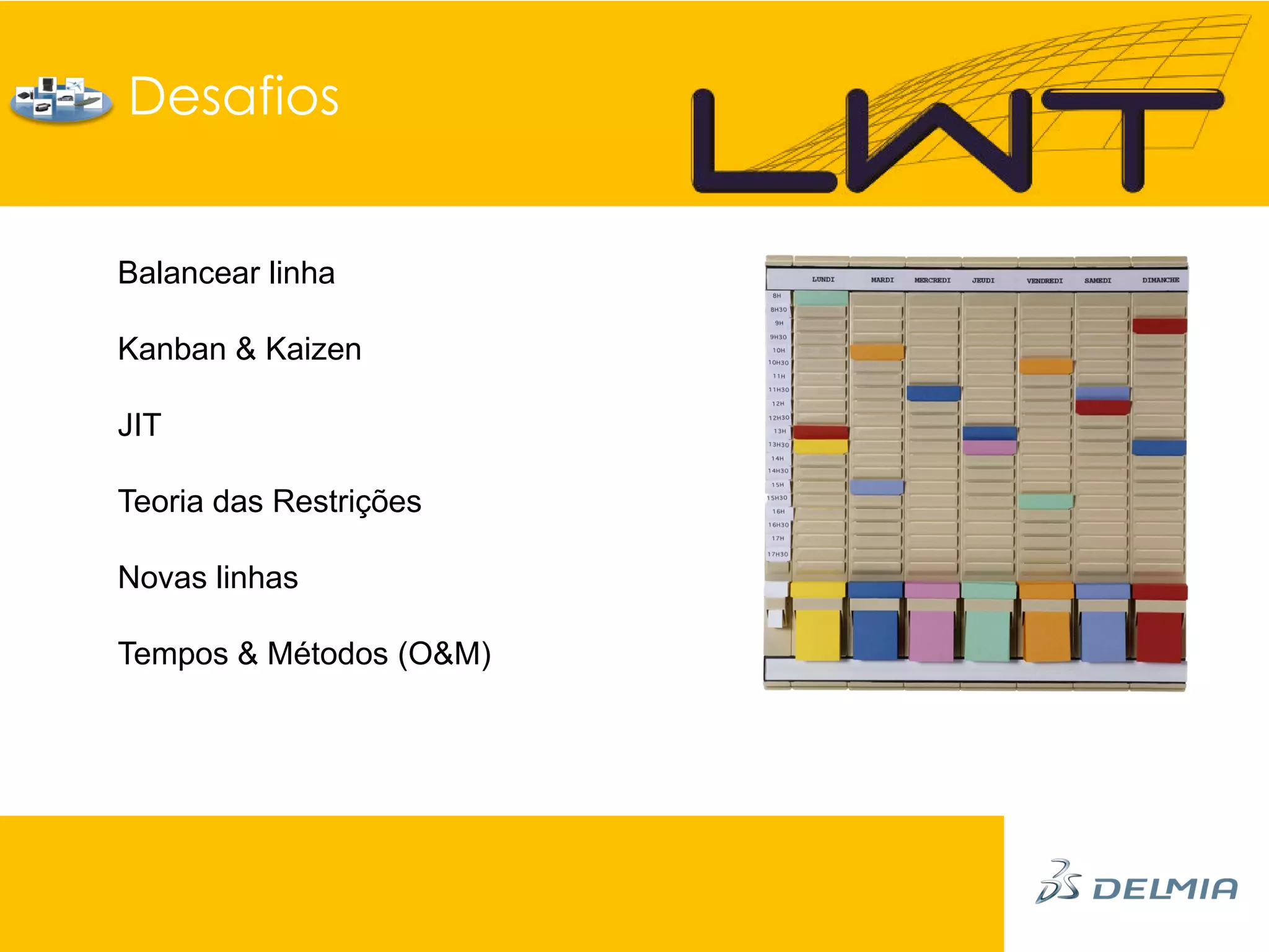 Desafios


Balancear linha

Kanban & Kaizen

JIT

Teoria das Restrições

Novas linhas

Tempos & Métodos (O&M)
 