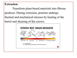 Extrusion:
Transform plant-based materials into fibrous
products. During extrusion, proteins undergo
thermal and mechanical stresses by heating of the
barrel and shearing of the screws.
 