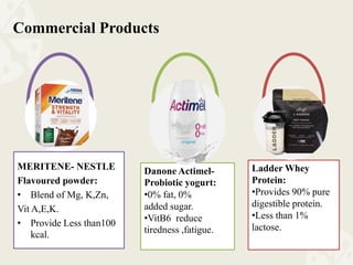 Commercial Products
MERITENE- NESTLE
Flavoured powder:
• Blend of Mg, K,Zn,
Vit A,E,K.
• Provide Less than100
kcal.
Danone Actimel-
Probiotic yogurt:
•0% fat, 0%
added sugar.
•VitB6 reduce
tiredness ,fatigue.
Ladder Whey
Protein:
•Provides 90% pure
digestible protein.
•Less than 1%
lactose.
 