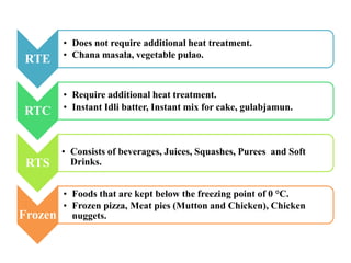 RTE
• Does not require additional heat treatment.
• Chana masala, vegetable pulao.
RTC
• Require additional heat treatment.
• Instant Idli batter, Instant mix for cake, gulabjamun.
RTS
• Consists of beverages, Juices, Squashes, Purees and Soft
Drinks.
Frozen
• Foods that are kept below the freezing point of 0 °C.
• Frozen pizza, Meat pies (Mutton and Chicken), Chicken
nuggets.
 