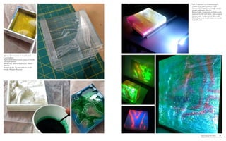 Fabricating the Delta 34
Left. Projection on finished acrylic
model, with resin, Landon Pugh
Below Left. Projection through acrylic
model with resin, Yao Lui
Below Right. Projection on final acrylic
lasercut model with resin, Sara Loquist
Bottom Left. Projection of Wax Lake
Delta Map onto acrylic lasercut model,
Cole Rhodes
Above. Poured resin in mould, Kelli
Cunningham
Right. Assembled acrylic lasercut model,
Travis Dickerson
Below Left. Resin preparation, Alexis
Malone
Bottom Right. Poured resin in acrylic
model, Reagan Rispone
 