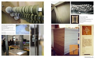 Fabricating the Delta 46
Above. Concept image
“Kinetic Sculpture BMW”
by Joachim Sauter
Left. Study model of bathymetry change
Far Left. Interior of lower kiosk box,
suspension details
Below. Change over time logo and
description
Top. Interior motors run by arduino
technology inside of the kiosk to change
the bead elevation
Above Left. Detail, interactive panel
(ipad) on kiosk tabletop
Above Right. Armature construction
detail
Left. Final full-sized kiosk with open side
Facing Page:
Bottom Left. Final kiosk design wooden
surface detail
 