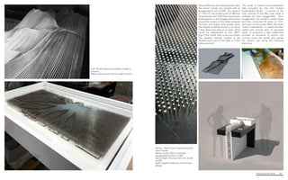 Fabricating the Delta 50
Using bathemtry and topographical data,
the section model was created with an
exaggerated Z axis of x500. At a scale of
1” = 875’-0”, the model covers 21,000 feet
longitudinally and 5,250 feet transversely.
Investigations in this exaggerated section
reveals the location of the delta’s deepest
channels and largest land growth areas.
The highest landmass proves to be about
5 feet above sea level at its peak, which
would be represented at only .0057”
high if the model were scaled accurately.
The deepest channel, located at the
Northernmost part of the delta, is 9 feel
below sea level.
The model is created using bathemetry
data provided by the LSU Coastal
Sustainability Studio. A section of the
main channel of the Wax Lake Delta is
surfaced and then exaggerated. Once
exaggerated, the model is scaled down
and then contoured 96 times at 1/16”,
then laser cut into acrylic. When the acrylic
model is assembled, it is sealed and then
casted with colored resin to represent
water. A projection is later added that
provides an animation of section cuts
running across the model that guides
the viewer’s eye along the changing
elevations.
Above. Detail of pin impression point
cloud model
Above Center. Rhino, vertically
exaggerated surface model
Above Right. Pouring resin into acrylic
model
Right. Digital rendering of final kiosk
design
Left. Acrylic lasercut topobathy model in
process
Below. Entire point cloud model in action
 