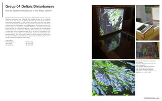 Fabricating the Delta 56
Above Left. Information projection
onto model
Top Right. Final full-sized kiosk with
interactive panel
Above Right. Detail of interactive
map showing oil spill scenarios
Left. Digital projection detail of
bathymetry, oil wells, platforms, and
pipelines, on milled model
Accidental and inevitable coastal disturbances effect deltaic systems, producing
calamitous aftermaths that challenge the sluggish growth of the Louisiana
Coast. These disturbances are distinguished through manmade disturbances
and nature disturbances. In the context of our site, the Wax Lake Delta,
manmade disturbances are shown through pollution in the form of oil spills due
to the amount of oil wells within our site parameters. The primary concern of oil
meeting land is soil degradation, which “is defined as a change in the soil health
status resulting in a diminished capacity of the ecosystem to provide goods
and services for its beneficiaries.” Although the Louisiana coast is currently at
a fragile state, many ecosystems heavily rely on the land. In the presence of oil
contamination on land, the toxins saturate the ground, preventing water from
being absorbed. Due to the lack of water, this action inhibits the plants from
being nourished. Because all of these ecosystems are interrelated, when one is in
danger, a spiraling trickledown effect arises.
Project team:
Travis Dickerson			 M. Arch 2016
Sara Loquist			 M. Arch 2016
Alexis Malone			 M. Arch 2016
Group 04 Deltaic Disturbances
How to represent disturbances in the deltaic system?
 