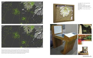 Fabricating the Delta 58
Left. MDF CNC-milled model of Wax
Lake Delta
Below Left. Final kiosk
Below Right 1. Process image, drilling
hopes into interactive map for lights
Below Right 2. Process image, interactive
map lights
Below Right 3. Process image, testing
kiosk
Using animated projections, we show two of the possible oil spills scenarios near Wax
Lake Delta, referencing data from the 2010 BP oil spill. One scenario takes place in the
later part of the summer where Wax Lake Delta is more prone to an oil spill reaching its
parameters due to the tide. The second scenario takes place during the winter months
where the tides will direct the spill westward, not affecting Wax Lake Delta.
Oil spill summer projection August 15 to September 19
Oil spill winter projection January 8 to February 12
 