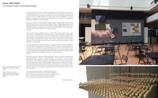 Fabricating the Delta 68
Top ,Fabricating the Delta Art and
Design Atrium Exhibit, Shelby
Doyle
Bottom, Group 1 Surface,
Fabricating the Delta Art and
Design Atrium Exhibit, Shelby
Doyle
Fabricating the Delta was a Fall 2014 graduate level Architecture and Landscape
Architecture research seminar at the Louisiana State University (LSU) College of Art
+ Design (CoAD) and was taught in collaboration with the LSU Coastal Sustainability
Studio, and the Coastal Protection and Restoration Authority (CPRA), a Louisiana
government agency. This partnership bridged research, practice, and pedagogy
through funded applied design research.
Resulting coursework informed the ongoing Design Development Phase of the
fifteen thousand square foot CPRA River Model Center, a CSS designed project and
a flagship building on the Baton Rouge Water Campus (BRWC) that houses a ten
thousand square foot physical model of the Lower Mississippi River Basin engineered
to test sediment flows, distribution, and land building.
Context
The Louisiana Coast is disappearing at a rate of 16.57 square miles a year, equal
to the loss of a football field of coast every hour. This loss reflects the aggregate
consequences of the anthropocene sooner and faster than possibly anywhere in the
United States. Consequently, the present conditions of the Louisiana Coast represent
several possible scenarios for the future of the nation’s coasts and provide a real-life
context for examining the tools, methods, and practices that will be required to cope
with those consequences.
Fabricating the Delta produced explanatory interactive models of the Wax Lake Delta,
a unique area of active (wet)land building. In 1942 the US Army Corps of Engineers
constructed a river diversion to protect Morgan City from the Atchafalaya River.
Simultaneously, the diversion directed water and sediment to the Wax Lake resulting
in measurable (wet)land building during the last 70 years. The Wax Lake Delta provides
valuable insight into the ecological processes of coastal restoration.
Course
Fabricating the Delta introduced digital fabrication as an act of making, analyzing, and
positioning design in relation to coastal restoration. The course introduced concepts
of bathymetry, topography, and projection through an introduction to laser cutting*,
3D-printing*, CNC milling, casting, and drawing production. The final project was a
full-scale kiosk that presents the relationships between physical models, static images,
text, projected images, maps and animations, interactive screen content. Each group
was provided with a fixed material and fabrication budget, an iPad tablet, a pico-
projector, and a specific question regarding the process of (wet)land building in the
Wax Lake Delta:
How to represent bathymetry / topography over time? *
How to represent the scale of a site this large and flat? *
How to represent natural systems impact on a deltaic system?
How to represent disturbances in the deltaic system?
How to represent a changing land / water gradient?
* Included in exhibit
Atrium Wall Exhibit
Art and Design Commons, Louisiana State University
 