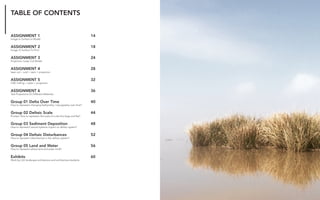 Fabricating the Delta 12
TABLE OF CONTENTS
ASSIGNMENT 1						14
Image to Surface to Model
ASSIGNMENT 2						18
Image To Surface To Print
ASSIGNMENT 3						24
Projection+Laser Cut Model
ASSIGNMENT 4						28
laser cut + void + resin + projection
ASSIGNMENT 5						32
CNC milling + water + projection
ASSIGNMENT 6						36
Test Projections On Different Materials
Group 01 Delta Over Time				 40
How to represent changing bathymetry / topography over time?
Group 02 Deltaic Scale				 44
Prompt: How to represent the scale of a site this large and flat?
Group 03 Sediment Deposition			 48
How to represent natural systems impact on deltaic system?
Group 04 Deltaic Disturbances			 52
How to represent disturbances in the deltaic system?
Group 05 Land and Water				 56
How to represent where land and water ends?
Exhibits							60
Work by LSU landscape architecture and architecture students
 