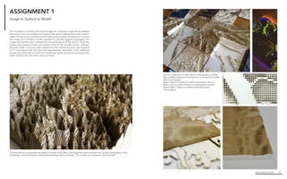 Fabricating the Delta 18
Above. Collection of class lasercut topography models
Above Right. Example of projection onto lasercut model,
Kelli Cunningham
Right. Detail of lasercut model produced by Yao Lui
Below. Group setup of lasercut topography models
Below Right. Lasercut model produced by Kelli
Cunningham
ASSIGNMENT 1
The first step in converting the digital image into a physical model was to redefine
the various color coordinates into a grey-scale variant. Adjustments were made to
reflect the low points as black and the high points as white. An attempt to convert
the image into a 3d Rhino model resulted in a severely jagged topography. The
image was blurred which allowed for a smoothing out of the terrain. Once the
surface was created, a base was made to allow for the process of laser cutting a
physical model. Contours were created and the individual pieces were layered
out in accordance with the laser bed requirements. Assembly of the individual
pieces was performed and then the model was lightly sanded to accentuate the
areas of the terrain that were most prominent.
Pictured above is a paperboard lasercut model of the Wax Lake Delta that demonstrates the unique topography of the
landscape, emphasizing the relationship between land and water. This model was created by Karl Schmidt.
Image to Surface to Model
 