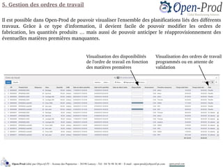 Visualisation des ordres de travail 
programmés ou en attente de 
validation
5. Gestion des ordres de travail
Il est possible dans Open­Prod de pouvoir visualiser l'ensemble des planifications liés des différents 
travaux.  Grâce  à  ce  type  d'information,  il  devient  facile  de  pouvoir  modifier  les  ordres  de 
fabrication, les quantités produits … mais aussi de pouvoir anticiper le réapprovisionnement des 
éventuelles matières premières manquantes.
Visualisation des disponibilités 
de l'ordre de travail en fonction 
des matières premières
Open-Prod édité par Objectif-PI – Avenue des Papeteries – 38190 Lancey - Tél : 04 76 98 36 40 – E-mail : open-prod@objectif-pi.com open-prod.com
 
