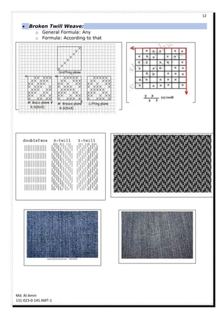 12
Md. Al-Amin
131-023-0-145 AMT-1
 Broken Twill Weave:
o General Formula: Any
o Formula: According to that
 