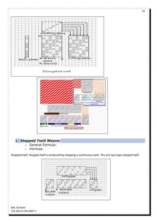 14
Md. Al-Amin
131-023-0-145 AMT-1
 Stepped Twill Weave:
o General Formula:
o Formula:
Stepped twill: Stepped twill is produced by stepping a continuous twill. This are two type stepped twill
 