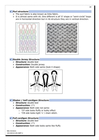 20
Md. Al-Amin
131-023-0-145 AMT-1
 Purl structure:
 The purl fabric is also known as links fabric.
 It is almost same with rib. One different is all ‘V’ shape or “semi-circle” loops
are in horizontal direction but in rib structure they are in vertical direction.
 Double Jersey Structure:
 Structure: double bed
 Construction: Double jersey
 Appearance: Both side same (look V shape)
 Shaker / half-cardigan Structure:
 Structure: double bed
 Construction: 1*1
 Appearance: Both side not same:
o T/F side looks fluffy or bulky effect
o T/B side looks tight ‘v’ / chain stitch.
 Full-cardigan Structure:
 Structure: double bed
 Construction: 1*1
 Appearance: Both side looks same like fluffy
 