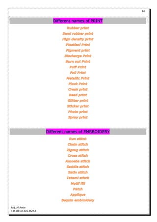 24
Md. Al-Amin
131-023-0-145 AMT-1
Different names of PRINT
Different names of EMRBOIDERY
 