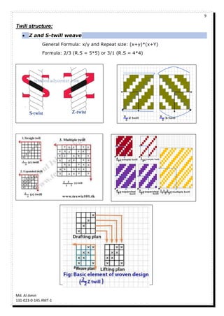9
Md. Al-Amin
131-023-0-145 AMT-1
Twill structure:
 Z and S-twill weave
General Formula: x/y and Repeat size: (x+y)*(x+Y)
Formula: 2/3 (R.S = 5*5) or 3/1 (R.S = 4*4)
 