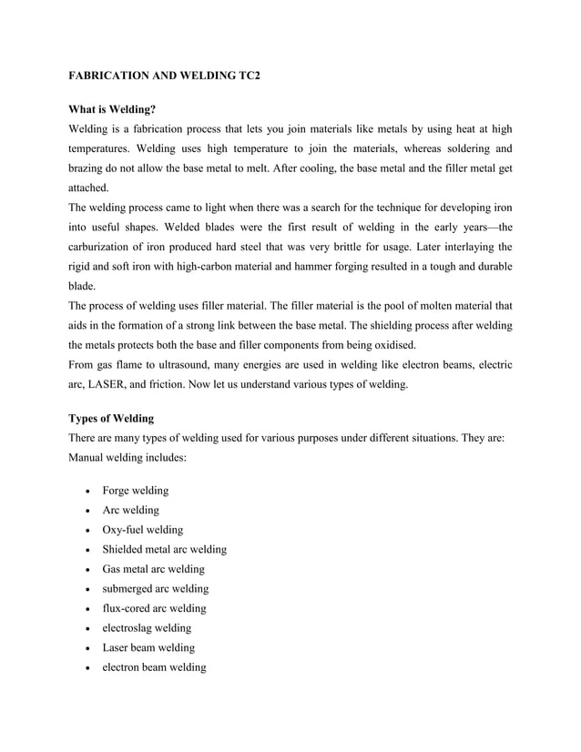 FABRICATION AND WELDING TC II NOTES BASIC | DOCX