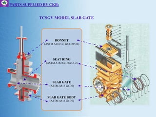 PARTS SUPPLIED BY CKB:
TCSGV MODEL SLAB GATE
BONNET
(ASTM A216 Gr. WCC/WCB)
SEAT RING
(ASTM A182 Gr. F6a Cl-2)
SLAB GATE
(ASTM A516 Gr. 70)
SLAB GATE BODY
(ASTM A516 Gr. 70)
 
