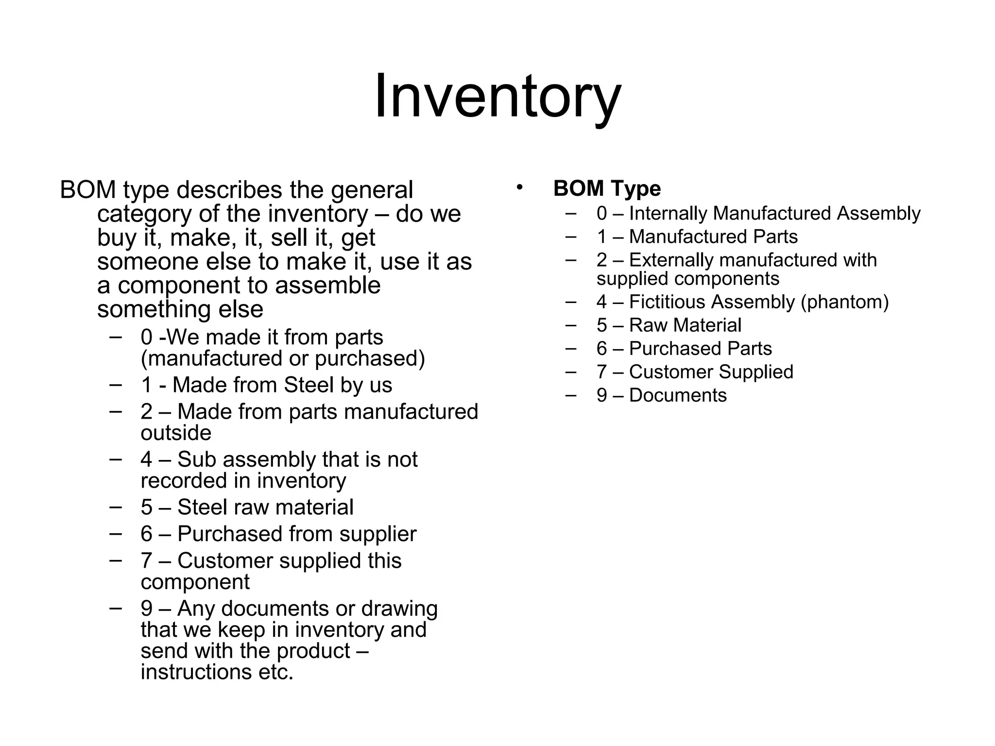 Inventory
BOM type describes the general
category of the inventory – do we
buy it, make, it, sell it, get
someone else to make it, use it as
a component to assemble
something else
– 0 -We made it from parts
(manufactured or purchased)
– 1 - Made from Steel by us
– 2 – Made from parts manufactured
outside
– 4 – Sub assembly that is not
recorded in inventory
– 5 – Steel raw material
– 6 – Purchased from supplier
– 7 – Customer supplied this
component
– 9 – Any documents or drawing
that we keep in inventory and
send with the product –
instructions etc.
• BOM Type
– 0 – Internally Manufactured Assembly
– 1 – Manufactured Parts
– 2 – Externally manufactured with
supplied components
– 4 – Fictitious Assembly (phantom)
– 5 – Raw Material
– 6 – Purchased Parts
– 7 – Customer Supplied
– 9 – Documents
 