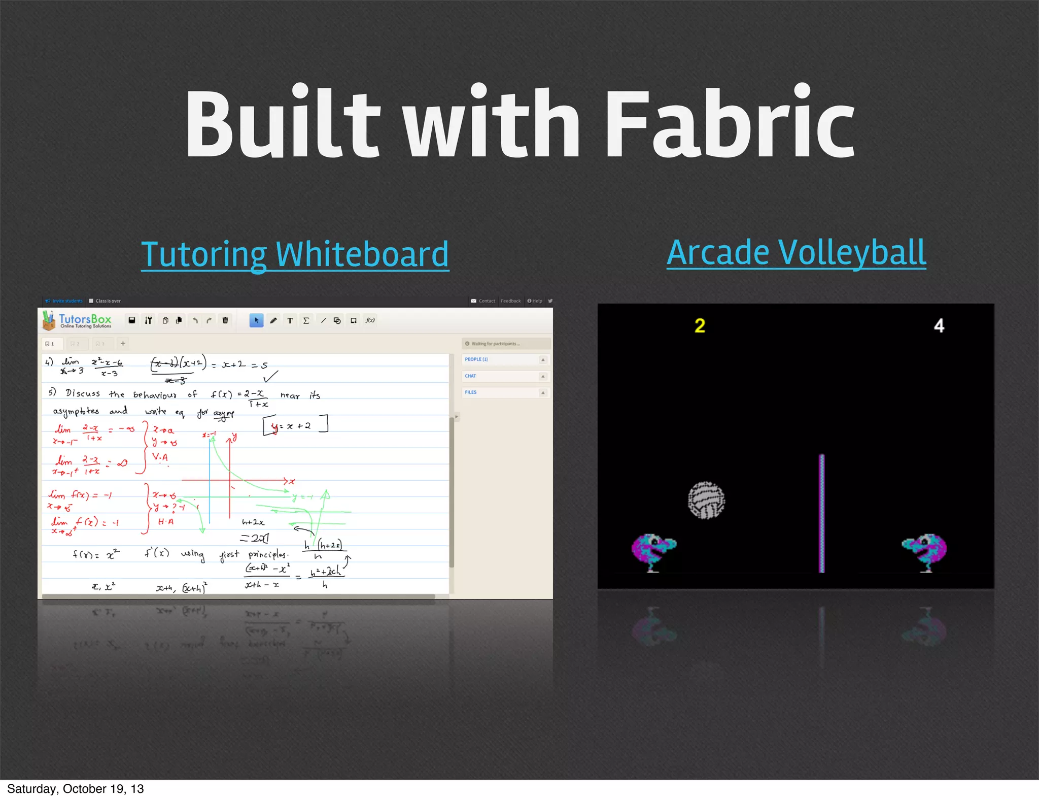 Built with Fabric
Tutoring Whiteboard

Saturday, October 19, 13

Arcade Volleyball

 