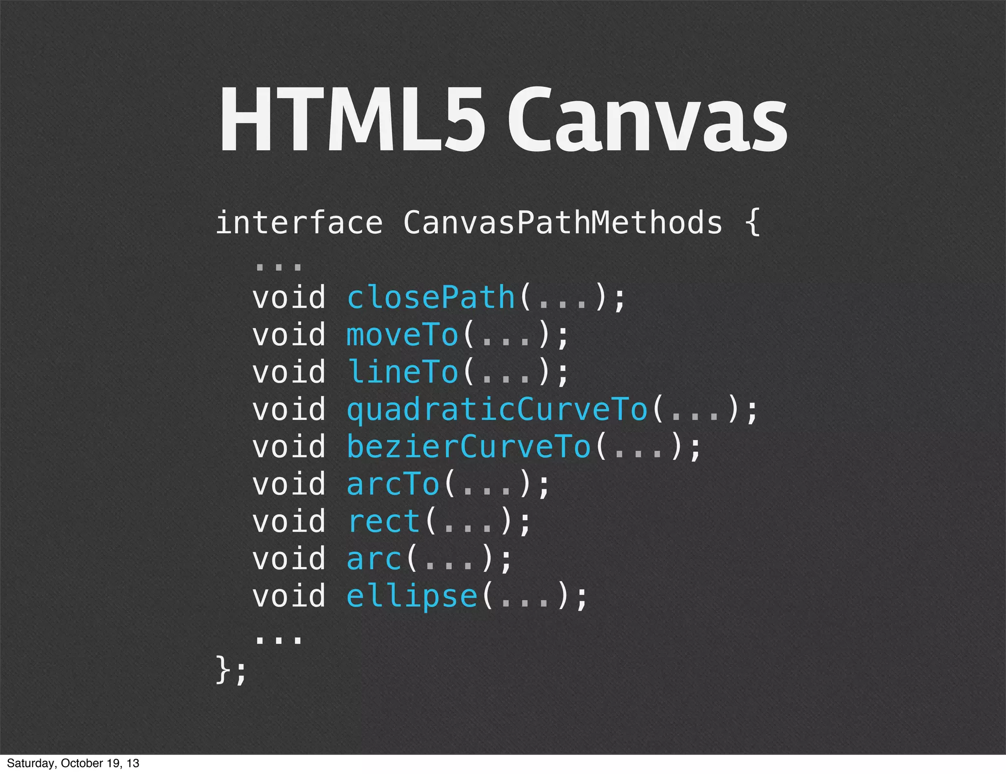 HTML5 Canvas
interface CanvasPathMethods {
...
void closePath(...);
void moveTo(...);
void lineTo(...);
void quadraticCurveTo(...);
void bezierCurveTo(...);
void arcTo(...);
void rect(...);
void arc(...);
void ellipse(...);
...
};
Saturday, October 19, 13

 
