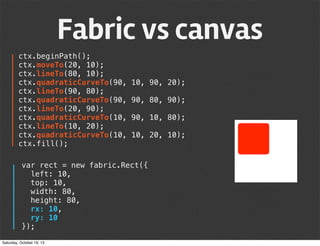 Fabric vs canvas
ctx.beginPath();
ctx.moveTo(20, 10);
ctx.lineTo(80, 10);
ctx.quadraticCurveTo(90,
ctx.lineTo(90, 80);
ctx.quadraticCurveTo(90,
ctx.lineTo(20, 90);
ctx.quadraticCurveTo(10,
ctx.lineTo(10, 20);
ctx.quadraticCurveTo(10,
ctx.fill();

10, 90, 20);
90, 80, 90);
90, 10, 80);
10, 20, 10);

var rect = new fabric.Rect({
left: 10,
top: 10,
width: 80,
height: 80,
rx: 10,
ry: 10
});
Saturday, October 19, 13

 