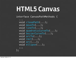 HTML5 Canvas
interface CanvasPathMethods {
...
void closePath(...);
void moveTo(...);
void lineTo(...);
void quadraticCurveTo(...);
void bezierCurveTo(...);
void arcTo(...);
void rect(...);
void arc(...);
void ellipse(...);
...
};
Saturday, October 19, 13

 