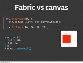 Fabric vs canvas
ctx.clearRect(0, 0,
ctx.canvas.width, ctx.canvas.height);
ctx.fillRect(20, 50, 20, 20);

rect.set({
left: 20,
top: 50
});
canvas.renderAll();

Saturday, October 19, 13

 