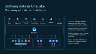 Mirroring of External Databases
linking of external
databases, with full replicas
created with a couple of clicks
Available for both multi-cloud
and on-premises databases
Real time updates of the replicas
using the CDC feeds of the
database
Data is stored in Delta Parquet
tables, with all Fabric services
instantly available
Amazon Google
Azure
 