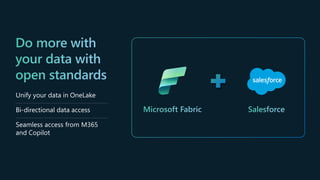 Unify your data in OneLake
Bi-directional data access
Seamless access from M365
and Copilot
 