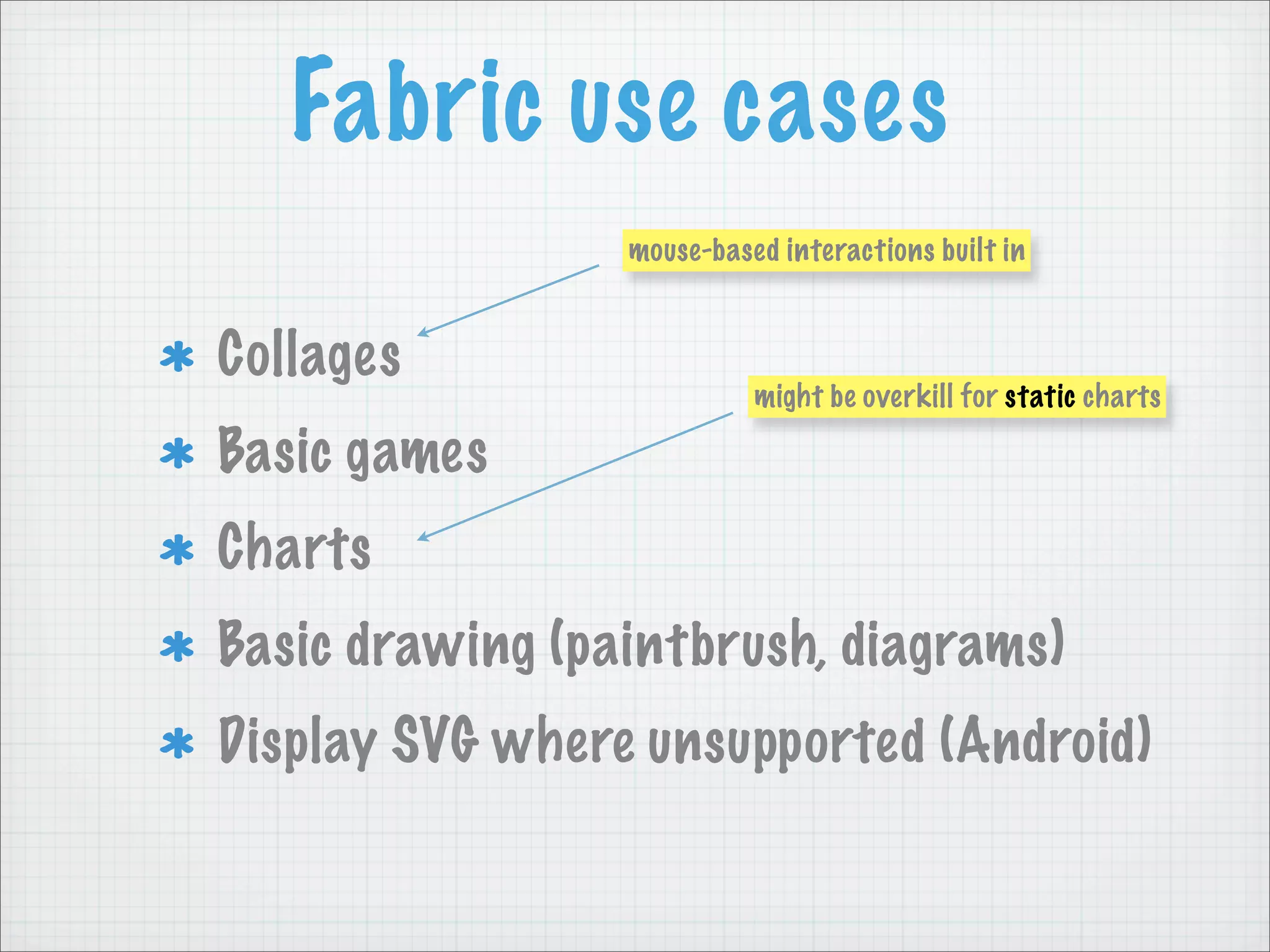 Fabric use cases
                 mouse-based interactions built in


Collages
                           might be overkill for static charts

Basic games
Charts
Basic drawing (paintbrush, diagrams)
Display SVG where unsupported (Android)
 
