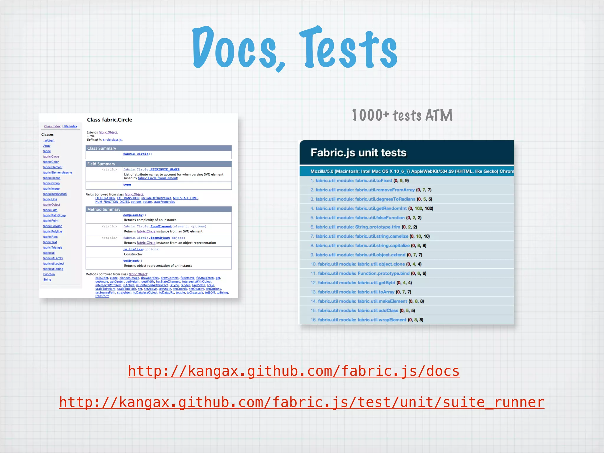 Docs, Tests
                                  1000+ tests ATM




        http://kangax.github.com/fabric.js/docs

http://kangax.github.com/fabric.js/test/unit/suite_runner
 