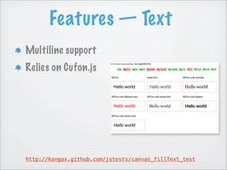 Features — Text
Multiline support
Relies on Cufon.js




http://kangax.github.com/jstests/canvas_fillText_test
 