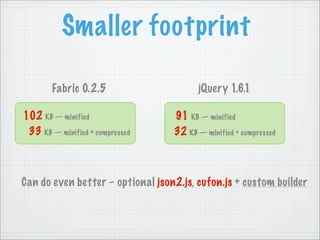 Smaller footprint

        Fabric 0.2.5                     jQuery 1.6.1

102 KB — minified                 91 KB — minifi...