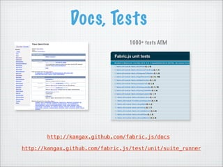 Docs, Tests
                                  1000+ tests ATM




        http://kangax.github.com/fabric.js/docs

http://...