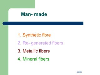 arpita
Man- made
1. Synthetic fibre
2. Re- generated fibers
3. Metallic fibers
4. Mineral fibers
 