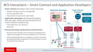Copyright © 2017, Oracle and/or its affiliates. All rights reserved. |
• Smart contract developers who create chaincode
– Deploy through console or through SDK
– Test through REST APIs
– SQL-based rich queries for world state
• Application developers will develop/integrate
end-user apps, which execute transactions via
smart-contracts invoked using:
– Client SDK (Java, Go, Node.js)
– REST APIs
• Planned developer productivity enhancements
– Business-user friendly smart contracts leveraging rules
engine technology for human-readable smart contracts
– Automated deployment or upgrades of smart contracts
leveraging DevOps integration of CI/CD tooling in Oracle
Developer Cloud Service
BCS Interactions – Smart Contract and Application Developers
25
Client
SDK
Keys
Application Developers Smart Contract
Developer
REST Proxy
(HLF SDK)
BCS
Console
Blockchain Network
REST
Dev mode
Unit testing
with mock
ledger
 