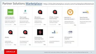 Copyright © 2017, Oracle and/or its affiliates. All rights reserved. | Confidential – Oracle Internal/Restricted/Highly Restricted 37
Partner Solutions Marketplace: https://cloudmarketplace.oracle.com/marketplace/blockchain
 