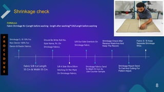 S/B Out Side Overlock On
Shrinkage Fabric.
S/B 4 Side 50cm/50cm
Stitching Or Pen Mark
On Shrinkage Fabrics.
Should Be Write Roll No,
Style Name, Po. On
Shrinkage Fabrics.
Shrinkage S / B 10% For
Non Denim 100% For
Denim & Elastin Fabrics.
Fabric S/B Cut Length
55 Cm & Width 55 Cm.
Shrinkage Fabrics Send
To Wash Or Iron As
Like Counter Sample.
Shrinkage Check After
Receive Wash/Iron And
Keep The Record.
Shrinkage Report Send
To Cad And Cutting For
Pattern Adjust.
Fabric S / B Keep
Separate Shrinkage
Wise.
Shrinkage check
FORMULA:
Fabric Shrinkage %= (Length before washing - length after washing)*100/Length before washing
P
R
O
C
E
D
U
R
E
8
 