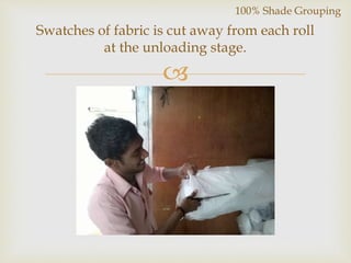 
Swatches of fabric is cut away from each roll
at the unloading stage.
100% Shade Grouping
 