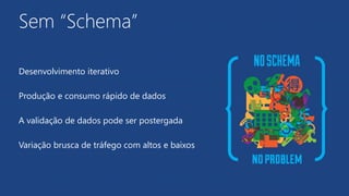 Sem “Schema”
Desenvolvimento iterativo
Produção e consumo rápido de dados
A validação de dados pode ser postergada
Variação brusca de tráfego com altos e baixos
 