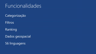 Funcionalidades
Categorização
Filtros
Ranking
Dados geospacial
56 linguagens
 